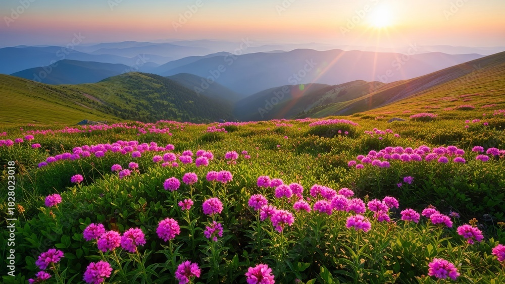 Obraz premium Scenic mountain meadow with blooming rhododendrons and sunlit peaks at dawn landscape nature