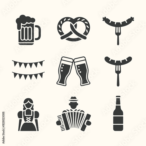 Vector art of collection of oktoberfest icons including beer mug, pretzel, sausage, garland, beer glasses, woman in traditional dress, accordion player, and beer bottle