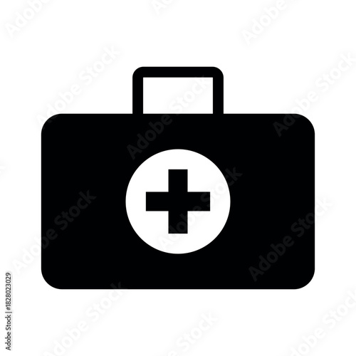 First Aid Kit Icon Vector Flat Illustration on White Background. Black Case Silhouette, Medical Care Bag Logo  Symbol. 