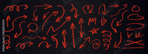 Red chalk hand drawn arrows set. Dynamic doodle arrows in various directions on transparent background.