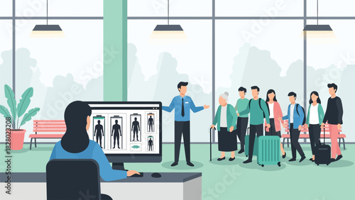 Airport Security Checkpoint Illustration. Passengers in Queue for Body Scanner Screening Managed by Staff at Terminal Desk.