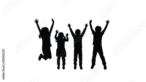 Energetic Silhouettes of Four Happy Children Jumping with Arms Raised in Celebration