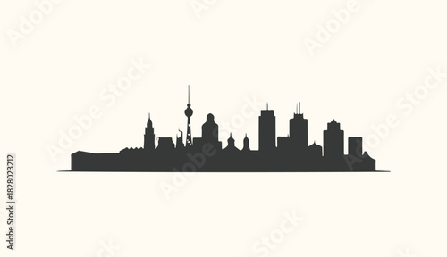 Vector art of silhouette of a modern city skyline with various buildings and structures against a plain background