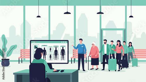 Airport Check-in or Security Queue with Staff Reviewing Passenger Data on Screen Vector Illustration
