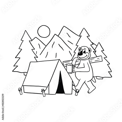 cute bear camping coloring page cartoon illustration