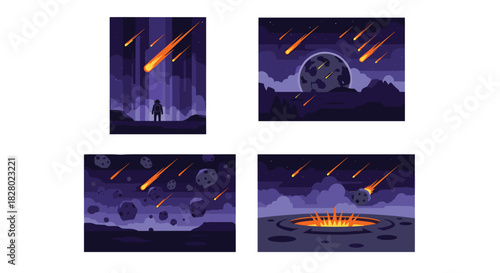 Pixel art scenes of a dramatic meteor shower over an alien planet, showing fiery impacts and an astronaut watching the event.