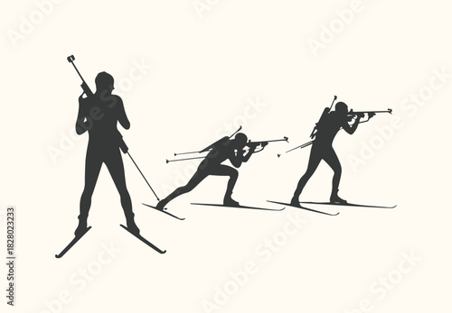 Vector art of silhouette of biathletes skiing and shooting with rifles