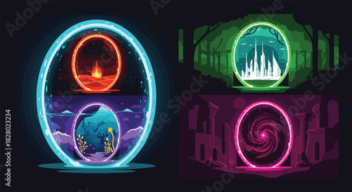 Vibrant illustrations of glowing magical portals opening to reveal diverse worlds, including fire, underwater, and fantasy realms.