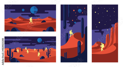 Illustrations of astronauts exploring the surreal desert landscape of an alien planet with large cacti and strange rock formations.