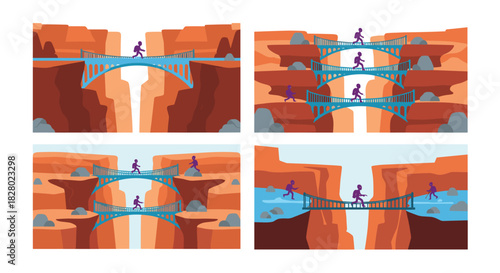 A set of illustrations showing silhouetted figures crossing various types of bridges spanning a deep canyon and a river.