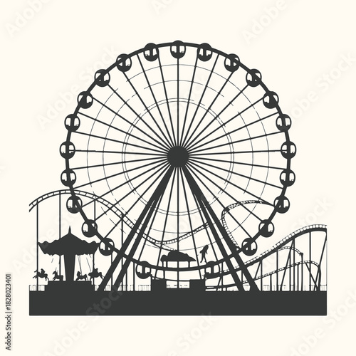 Vector art of silhouette of a ferris wheel and roller coaster at an amusement park, representing fun and entertainment