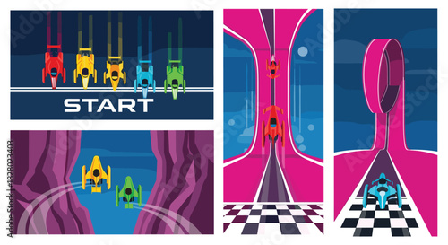 A dynamic set of illustrations depicting a futuristic anti-gravity race, from the starting line to high-speed track navigation.