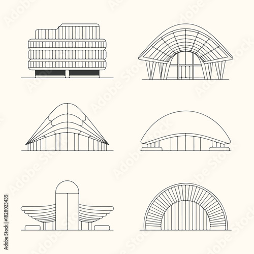 Vector art of collection of architectural building facades and structures in a minimalist line art style, showcasing diverse modern and classic designs