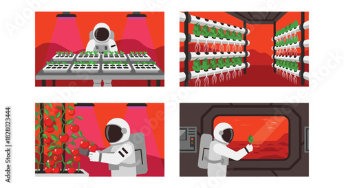 Set of illustrations showing an astronaut cultivating plants and harvesting tomatoes in a hydroponic farm on a Mars colony.