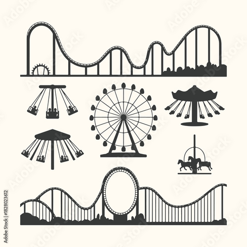 Vector art of collection of amusement park rides silhouettes including roller coaster, ferris wheel, carousel, and swing ride, isolated on a light background, representing fun and entertainment