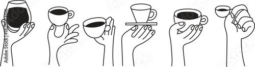 Continuous line art hands holding coffee and drink cups – minimal illustration