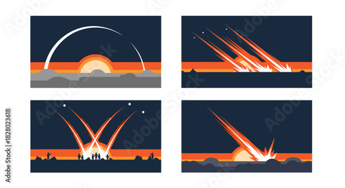 A set of four dramatic illustrations showing a meteor shower or missile strike impacting a landscape at sunset, with observers.