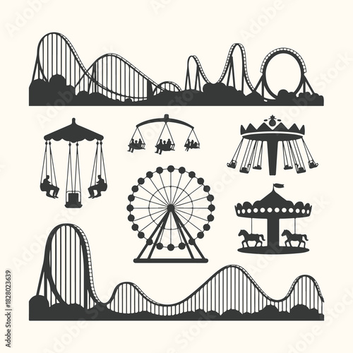 Vector art of collection of amusement park rides silhouettes including roller coasters, ferris wheel, carousel, and swing ride