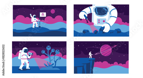 A collection of four vibrant illustrations showing an astronaut exploring a colorful alien planet, planting a flag, and studying flora.