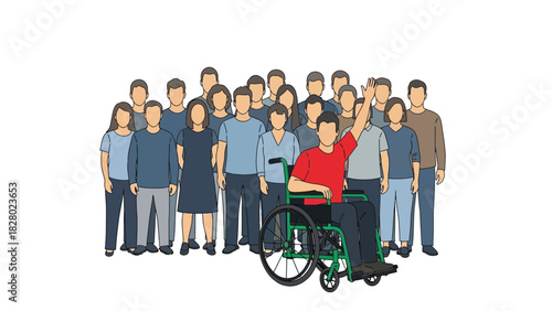 Inclusive Group Illustration of Diverse People with Man in Wheelchair Raising Hand