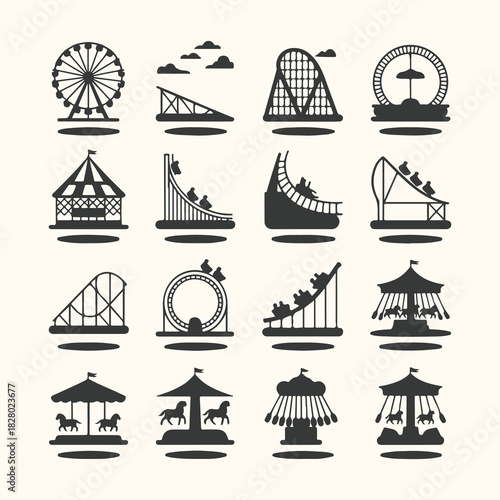 Vector art of collection of amusement park icons including ferris wheel, roller coaster, carousel, and other rides
