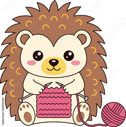 Cartoon hedgehog knitting with pink yarn, holding needles and smiling in cozy pose, cute animal theme, flat vector illustration