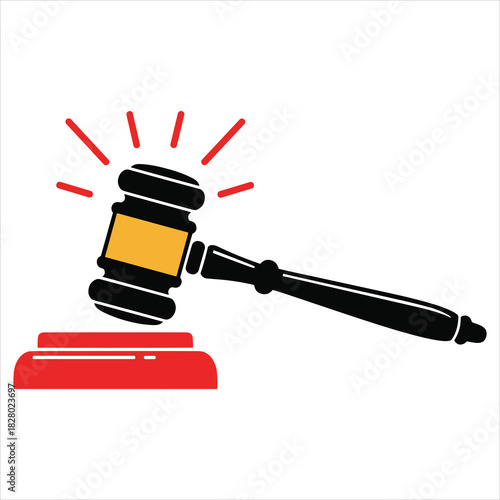 Judge's gavel striking block icon, symbolizing law and justice isolated on white background, Vector