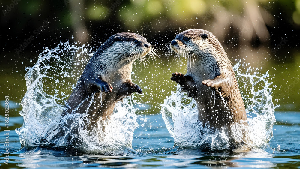 Fototapeta premium Two Otters Emerging from Water with Explosive Water Splashes Around Them river otter animal