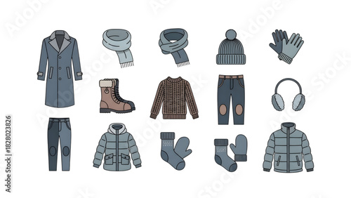 A collection of winter apparel and accessories icons, featuring essential cold weather gear like coats, hats, scarves, and gloves in a modern flat design style