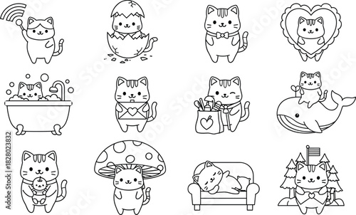 Cartoon cats in playful and emotional scenarios with props, heart, bath, mushroom, whale, and gifts, flat vector illustration