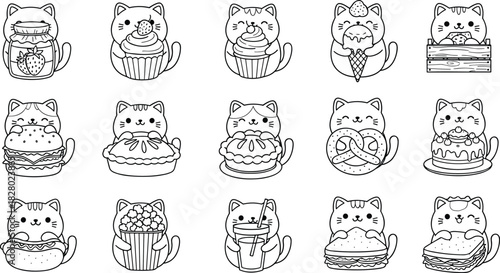 Cartoon cats merged with desserts, snacks, and drinks in playful poses for food-themed art, flat vector illustration set