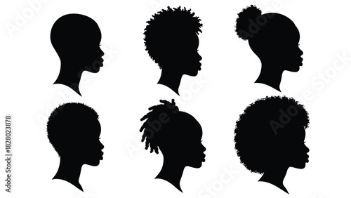 Black Women Profile Silhouettes Set. Vector Illustration of Female Heads with Diverse Natural African Hairstyles (Afro, Dreadlocks, Short Cut)