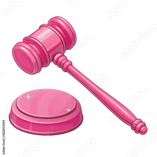 A shiny pink gavel and sounding block isolated on transparent background