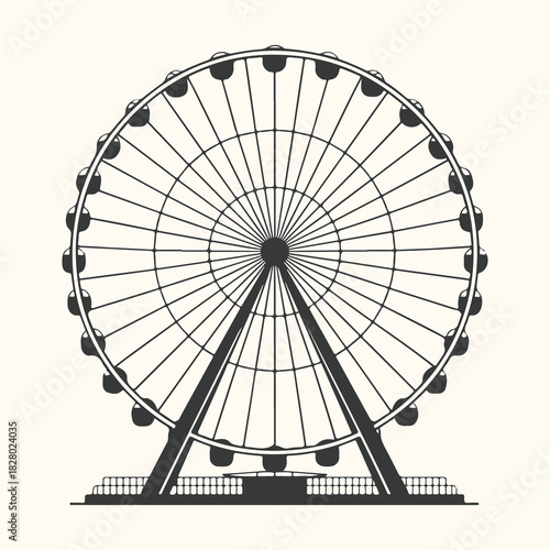 Vector art of a black and white illustration of a ferris wheel, a large rotating wheel with passenger cars, set against a plain background
