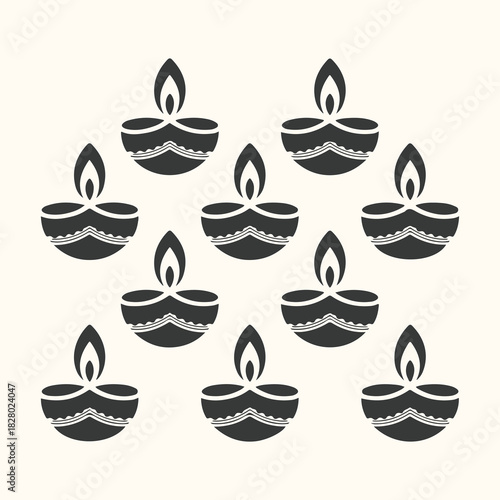 Vector art of a beautiful pattern of traditional indian diyas, oil lamps, illuminated with a warm glow, symbolizing light and prosperity, perfect for festive occasions