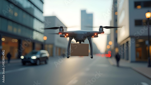 A modern drone flying through a city street, representing fast delivery technology, smart logistics, and urban innovation.