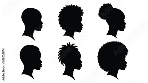 African American Women Profile Silhouettes Set. Diverse Natural Hairstyles Vector Illustration: Afro, Dreadlocks, Short Hair, and High Bun Styles