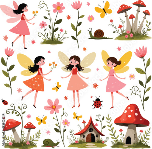 Enchanting fairy garden illustration with fairies flowers and magical elements