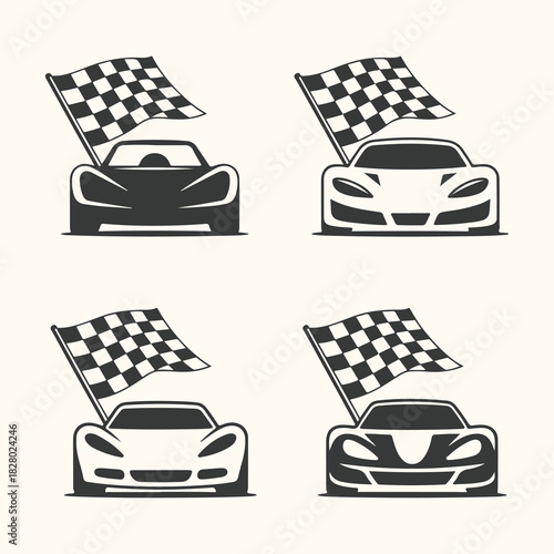 Vector art of set of four racing car icons with checkered flags, two in black and two in white, isolated on a light background