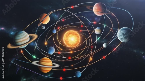 An abstract visualization of the atom of atom and science illustrates a fractal motion pattern where light and energy form a creative backdrop representing the brain and space technology