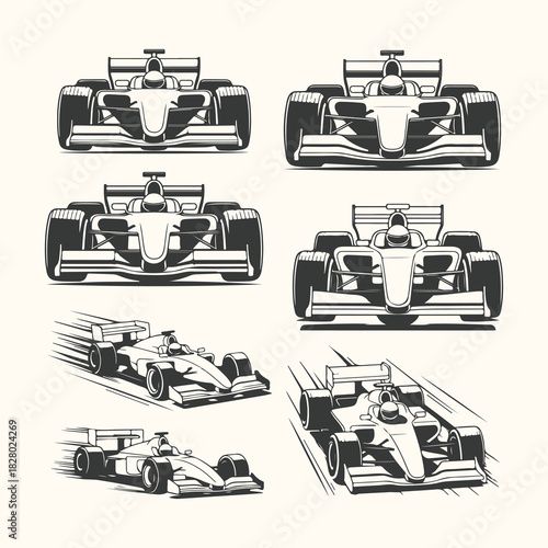 Vector art of collection of six formula 1 racing cars in different perspectives and styles, including front views, side views, and dynamic action shots, rendered in a vintage sketch aesthetic