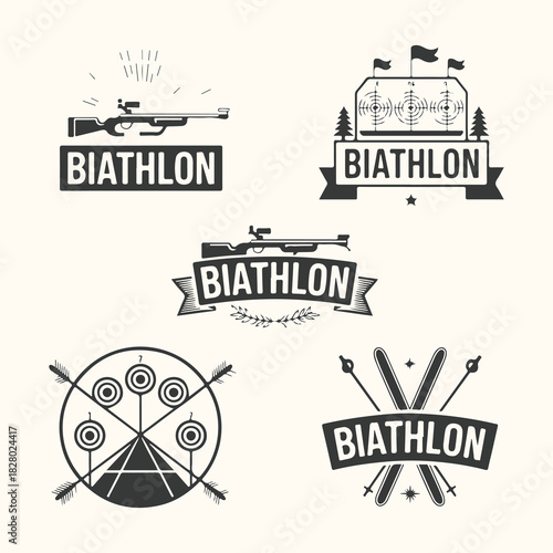 Vector art of collection of biathlon sport emblems and icons, featuring rifles, targets, and skiing equipment, isolated on a light background