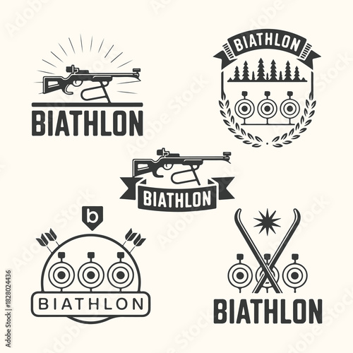 Vector art of collection of biathlon sport emblems and icons featuring rifles, targets, skis, and trees, isolated on a light background
