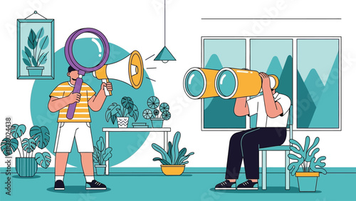 Business Search and Analysis Concept Illustration. Men using magnifying glass, megaphone, and giant binoculars for research and strategic observation.