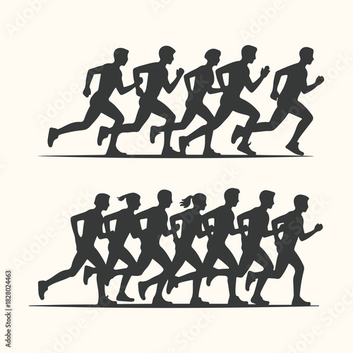 Vector art of group of runners in silhouette, representing competition and athletic pursuit, depicted in two rows against a neutral background