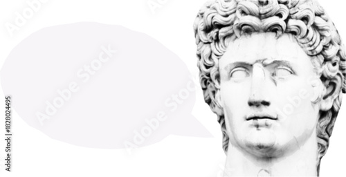 Ancient greek statue head and speech bubble, contemporary collage with halftone effect for modern art. Punk antique bust, vintage grunge aesthetic, neon color.