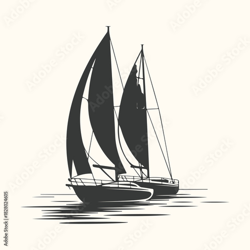 Vector art of two sailboats with dark sails on calm water, rendered in a graphic, stylized illustration style with a light cream background