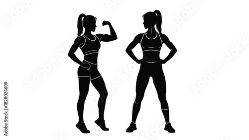 Female fitness athlete silhouettes. Strong athletic woman flexing muscle and standing in confident pose. Vector illustration set for gym design.