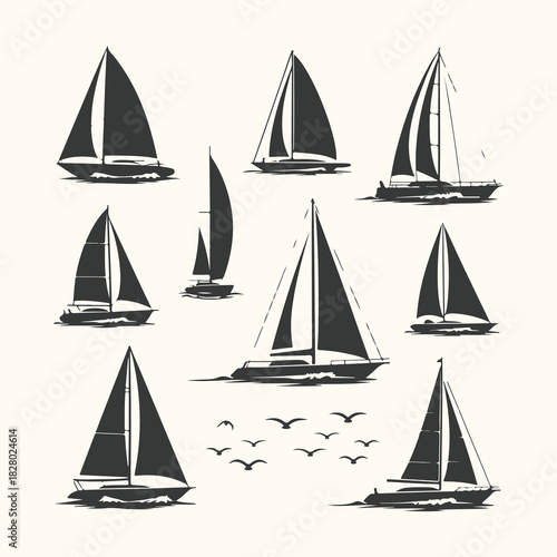 Vector art of collection of vintage sailboat silhouettes in various sizes and poses, isolated on a light cream background, evoking a sense of nautical adventure and classic maritime travel