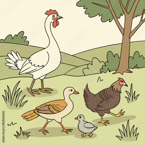 Closeup shot of a hen sitting on the grass with its chicken